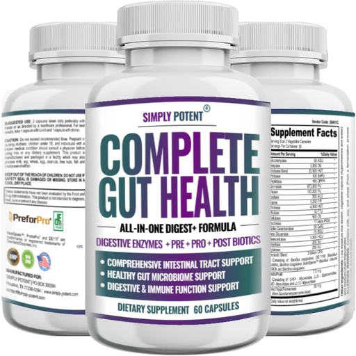 [BRSW2AQYPN7WE2AZ] Complete Gut Health, Digestive Enzymes Plus Prebiotic, Probiotic & Post Biotic Gastrointestinal Support, Supports Gut Health & Immune Function, 60 Capsules