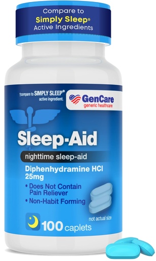 [BRSRAZD5PMFB4G3Z] GenCare - Sleep Aid Diphenhydramine HCL 25mg Blue Caps (100 Caplets) - Non Habit Forming Nighttime Sleeping Pills for Adults to Fall Asleep Faster & Sleep Deeper Through The Night - Sleep Aids