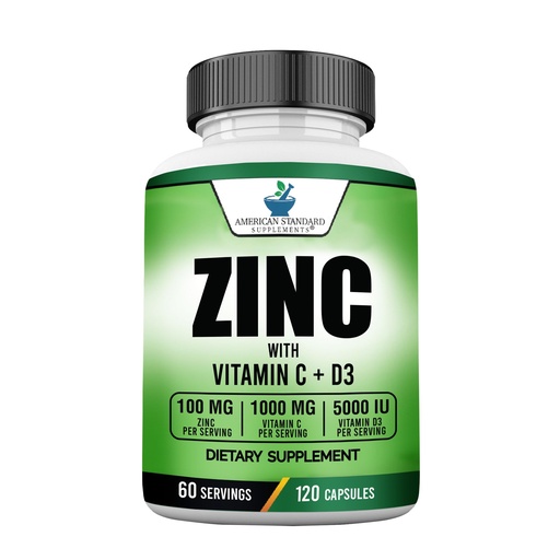 [BRSWYGL4OAFWAD36] American Standard Supplements Zinc 100mg, Vitamin C 1000mg, and Vitamin D3 5000 IU (125mcg) Per Serving - Gluten Free, Non-GMO, 120 Capsules, 60 Servings
