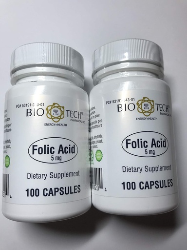 [BRSWYFANOEPBSHQV] Folic Acid 5 מ"ג - BioTech Pharmacal - 100 כמוסות - Pack of 2