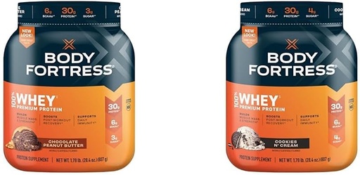 [BRSRAY33PMMQYEY2] Body Fortress 100% Whey Premium Protein Powder Chocolate Peanut Butter and Cookies N' Cream, 1.78lbs Each