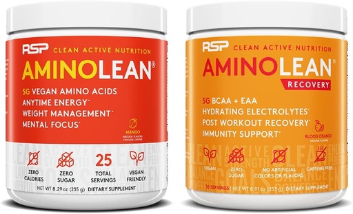 [BRSW2EANAQBBY2TL] RSP NUTRITION Vegan AminoLean Pre Workout Energy (Mango 25 Servings) con AminoLean Recovery Post Workout Boost (Blood Orange 30 Servimientos)