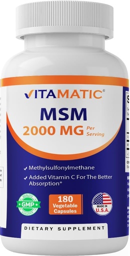 [BRSROCQZO4BRM33O] Vitamatic MSM 2000 mg mit Vitamin C 75mg pro Servierung - 180 Veg Kapseln - Vitamin C Aid in Better absopriton of MSM (Methylsulfonylmethan) - Non-GMO & Gluten Free