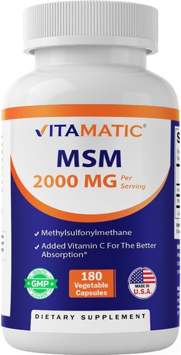 [BRSROCQZO4BRM33O] Vitamatic MSM 2000 mg with Vitamin C 75mg per Serving - 180 Veg Capsules - Vitamin C Aid in Better absopriton of MSM (Methylsulfonylmethane) - Non-GMO & Gluten Free