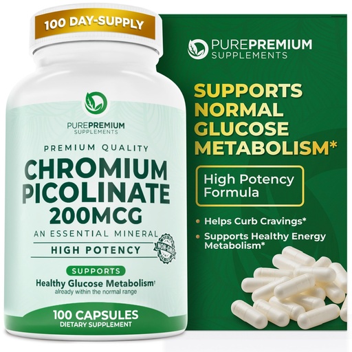 [BRSWG2YYAFYGACLV] PurePremium Chromium Picolinate 200mcg - High Potency Chromium Supplements - Essential Mineral Health Support for Men/Women - Gluten-Free - 3 Months Supply - 100 Capsules