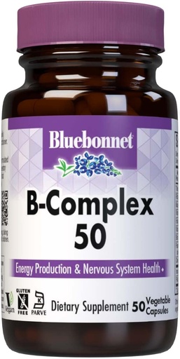 [BRSWIYY3BZ6BGGYV] Bluebonnet Nutrition B Complex 50 plantaardige capsules, Compleet volledig spectrum, vitamine B6, B12, Biotine, Folaat, Veganistisch, Vegetarisch, Glutenvrij, Sojavrij, Melkvrij, Kosjer, 50 plantaardige capsules
