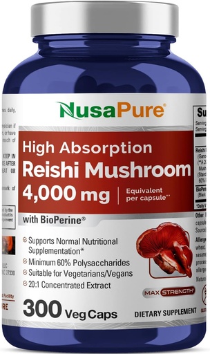 [BRSROBA2A4GWA335] NusaPure Reishi Mushroom Extract 20:1 Extract, 200 mg Equivalent to 4000mg per Capsule 300 Veggie Caps Vegan, Non-GMO, Vegan