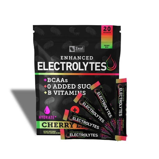 [BRSROYICBMGQAGTO] Enhanced Electrolyte Powder Stick Packs (Cherry Limeade | 20 Packets) w/ 0 Sugar +BCAAs +B-Vitamins Electrolyte Supplement w Potassium Zinc & Magnesium for Hydration - Keto Electrolytes