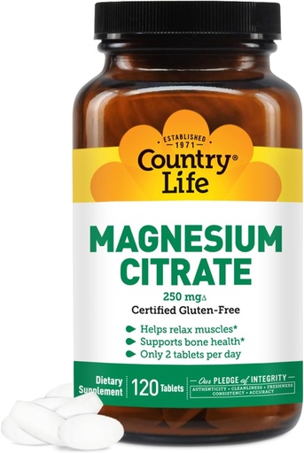 [BRSWIY3QAQIQIFYV] Country Life Magnesium Citrate 250mg - 120 tabletter - Stöder Muscle & Nerve Function, Heart Rhythm, Healthy Immune System, Energy Production - Magnesium Complex Supplement