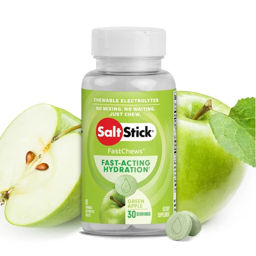 [BRSROAQFPIOWYDTX] SaltStick Electrolyte FastChews - 60 Green Apple Chewable Tablets - Salt Tablets for Running and Hydration, Electrolyte Chews - 60 Count