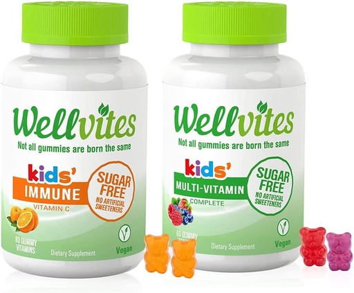 [BRSW2HQCBV5GME3F] Wellvites Kids Multivitaminas & Imuninis Dienos Gummies Bundle - Cukrus Nemokamas, Vegan, Non- GMO - Vitaminai vaikams - Vitaminas C vaikams Imuninė parama - Nėra Dirbtiniai saldikliai - 60 Count