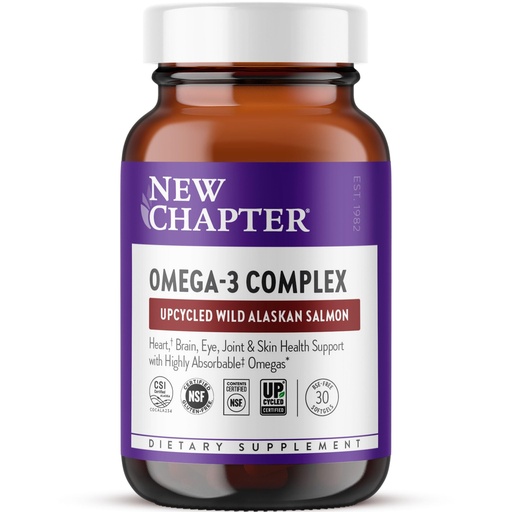 [BRSWYZQYPIFBUADU] New Chapter Omega-3 Complex, 1000mg Softgels, Fish Oil Supplement Wild Alaskan Salmon for Heart, Brain, Eye, Joint & Skin Health Support - 30 Count