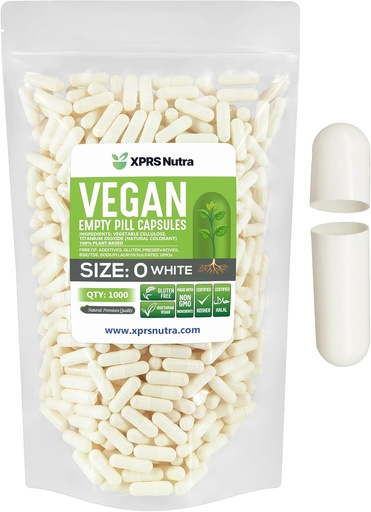 [BRSWGCANB4MROCLB] XPRS Nutra Größe 0 Leere Kapseln - 1000 Graf Leere Vegan Kapseln - Vegetarische Pillen - DIY Gemüse Kapsel Füllung - Veggie Pillen Kapseln für Do-It-Yourself Ergänzungen (Weiß)