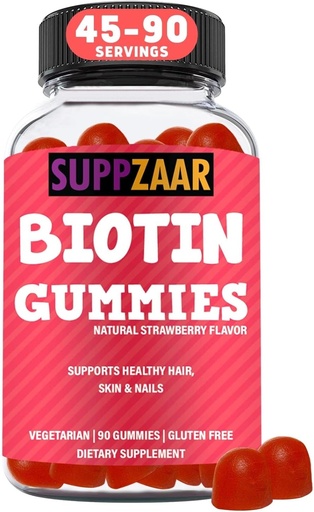 [BRSWGAIKBAPQMFIY] Vegan Biotin Gummies - Vitamins for Hair Growth for Women & Men - Hair Skin and Nails Vitamins - Strawberry Flavor Gummy Vitamins - Non-GMO, Gelatin & Gluten-Free, 90 Gummies - SUPPZAAR