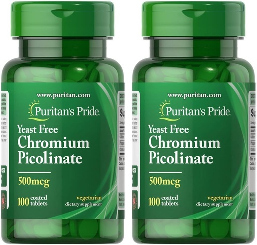 [BRSRAY34OIGQAFLK] Puritan's Pride Chromium Picolinate 500 Mcg Yeast Free, 100 Count (Pack of 2)