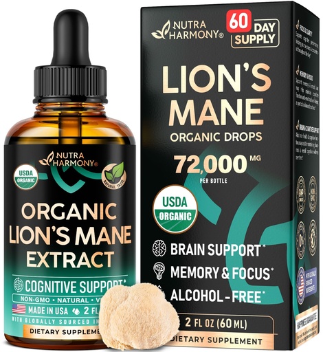 [BRSRAZYLCJ6RSCLP] Lions Mane Liquid - USDA Certified Organic Lions Mane Supplement - Brain Support, Energy, Memory & Focus - Sugar & Alcohol-Free Lion's Mane Mushroom Extract 72,000 mg / Bottle, 2 Fl OZ, 2 Month Supply
