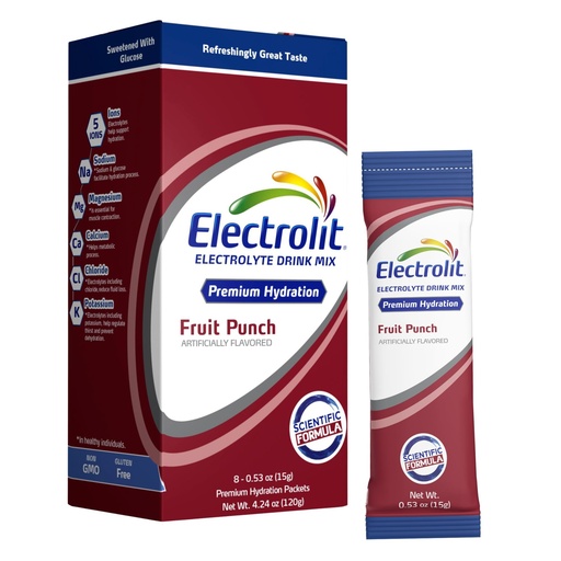 [BRSROEICPMBQ22DP] Electrolit Electrolytes Powder Packets, Fruit Punch 8 Pack, Powdered Hydration Packets for Dehydration & Rehydration, Post Workout Flavored Hydrating Drink Mix, Gluten Free Daily Water Enhancer Sticks