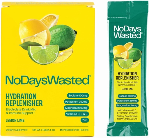 [BRSW2GIROV5R43IY] No Days Wasted Hydration Replenisher 15 Count - Electrolyte Powder Drink Mix - Lemon Lime - Sodium and Potassium for Rehydrating Plus Vitamins for Support (15 Count)