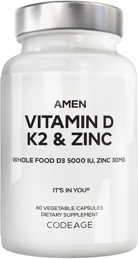 [BRSWYA36OQBQMFDO] Amen Vitamin D, K2 & cink, holekalciferol D3 5000 i.e., cela organska živilska mešanica z jabolkom, borovnicami, brusnicami, Bezgovimi jagodami v prahu, veganski dodatek, D3 K2 vitamini, ne-GMO - 60 kapsul