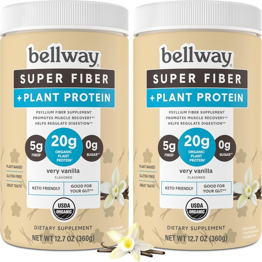 [BRSROGQEDNYA4DI7] Bellway Super Fiber + Protein Powder (2 Pack), Sugar-Free Organic Psyllium Husk Fiber Supplement Powder with 20g Plant Protein Per Serving, Very Vanilla, 24.14 oz
