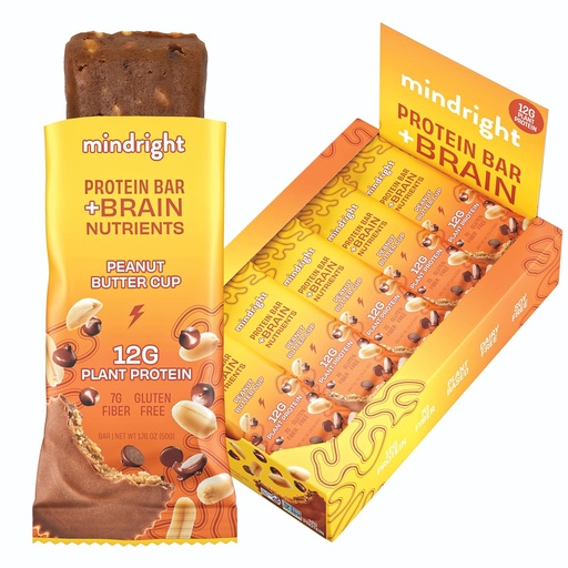 [BRSWYBD6AQFQADTK] Mindright Superfood Vegan Protein Bar - Gluten Free, Non-Gmo, Low Sugar - Brain Food Snack to Enhance Mood, Energy, and Focus - Pack of 12 (Peanut Butter Cup)