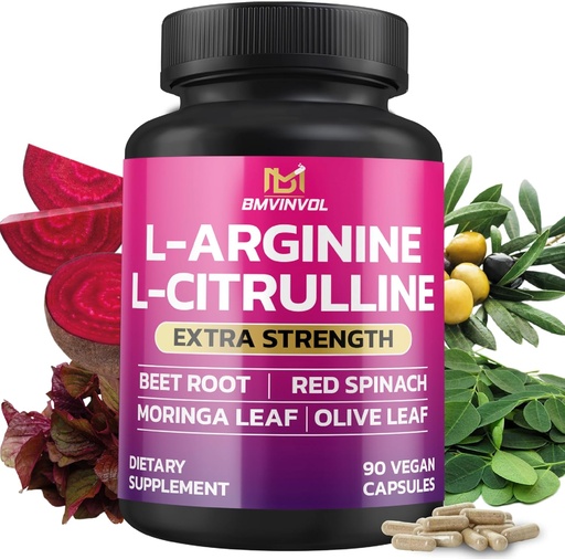 [BRSRAHAYBMGQ423H] BMVINVOL L Arginine L Supplément Citrulline Plus Racine de betterave, Moringa, Olive, Épinards Rouges pour le soutien quotidien - 90 Capsules