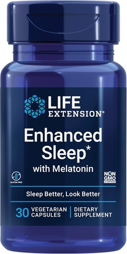 [BRSWIEIYOYHGGYLK] Life Extension Enhanced Sleep with Melatonin - Melatonin Sleep Supplement for Restful Sleep and Healthy Skin & More – Gluten-Free, Non-GMO, Vegetarian – 30 Capsules