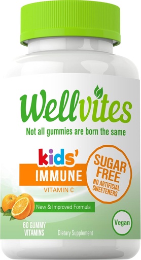 [BRSWGHAYCF5WMYDU] Wellvites Sugar Free Kids Imune Vitaminas Gummy Diárias - Vegan, Não-GMO - chicletes de vitamina C para crianças Suporte Imune, Sem adoçantes artificiais, Sem glúten, Gelatina-livre, 60 contagem (30 fornecimento dia)