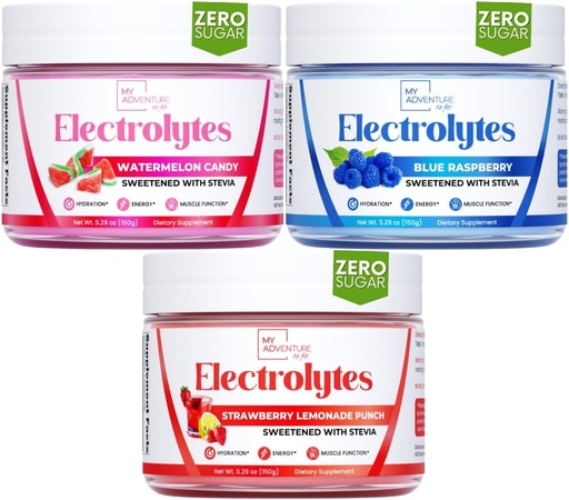 [BRSRAAA5BEDRYYI2] My Adventure to Fit Refreshing Hydration Electrolytes Powder with Zero Sugar, Bundle, Blue Raspberry & Watermelon Candy & Strawberry Lemonade Flavors