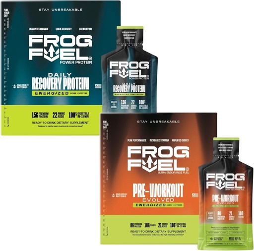 [BRSROAL3BEFGCEYZ] Frog Fuel Power Energized Protein & Ultra Energized Pre Workout Shot Bundle, 1500mg Beta Alanine, 15g Protein Nano-Hydrolyzed Grass Fed Collagen, Pre & Post Workout, 1.2 oz Packets, 48 Pack