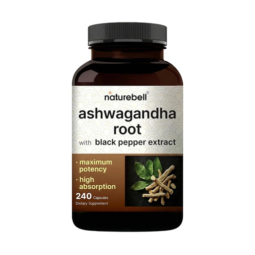 [BRSRAFQEPMCQKFD6] NatureBell Ashwagandha Root with Black Pepper Extract - 240 Capsules - High Strength Adaptogen for Calmness, Relaxation & Immune Support*