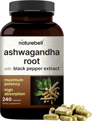 [BRSRAFQEPMCQKFD6] NatureBell Ashwagandha con Black Pepper, 240 cápsulas  sometida High Absorption Complex – Extra Strength Root Extract – Adaptogens Supplements for Relaxation – Non-GMO