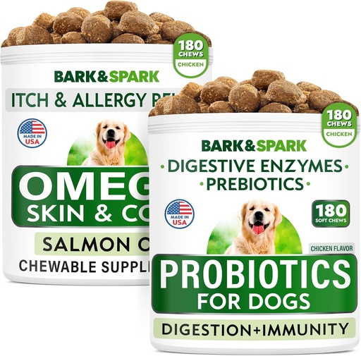 [BRSW2HYRBEIWA2A6] Dog Probiotics Chews + Omega 3 for Dogs Bundle - Gas, Diarrhea, Constipation, Upset Stomach Relief + Allergy and Itch Relief - Digestive Enzymes + Prebiotics + Omega 3 - Skin and Coat Support