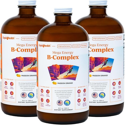 [BRSROH35DFYBEDTX] LIQUIDHEALTH Mega Energy Methylated B-Complex, Adult Liquid Vitamin Supplement - Increase Energy, Relieve Stress & Fatigue, Immune Support, Heart & Gut Health - Made in USA, Vegan, Sugar-Free (3 Pack)