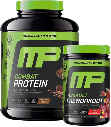 [BRSRAZQTBV4BMCAZ] Muscle Pharm Combat 4lb Chocolate Protein e MusclePharm Assualt Fruit Punch Preworkout