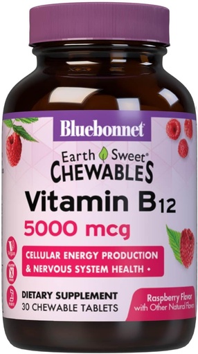 [BRSWIYQTPMIAYG3I] Bluebonnet Nutrition Earth Sweet Vitamin B12 5000 mcg Kautabletten, Sojafrei, Glutenfrei, Kosher Zertifiziert, Dairy-Free, Vegan, Himbeer Flavored, 30 Kautabletten, 30 Servierungen