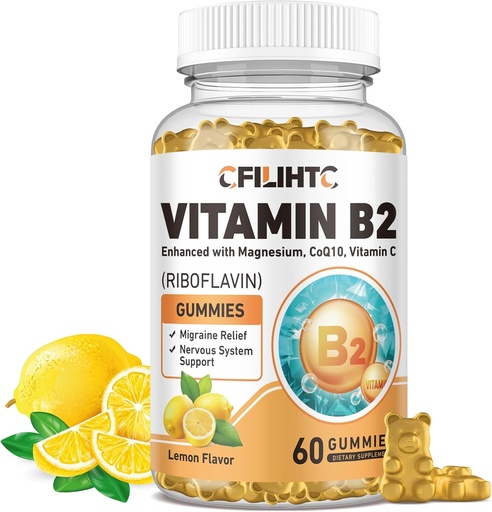 [BRSRAHA7CMIRGYDA] Vitamin B2 Gummies Riboflavin 400mg supplement til børn og voksne - Magnesium Glycinat, Zink, CoQ10, Vitamin B12 - Migræne Relief & Energy, Nervesystemet support, Sukker fri Lemon Flavor, 60ct