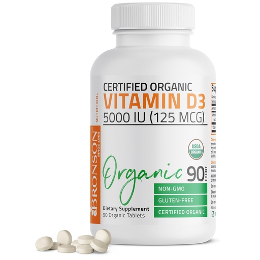 [BRSWKHTROAPA42DC] Bronson Vitamin D3 5000 IU Certified Organic Vitamin D Supplement, Non-GMO, USDA Certified, 90 Tablets