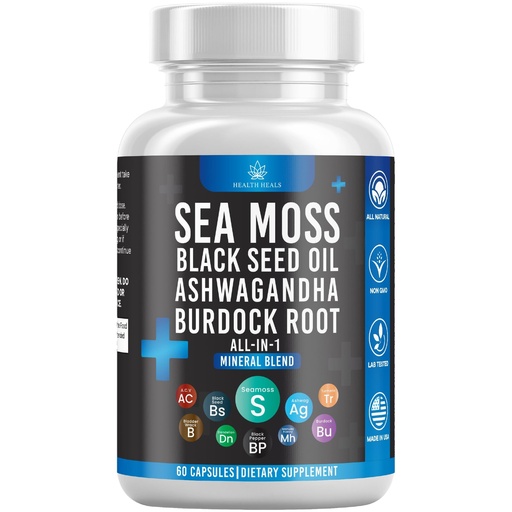 [BRSROHD7OQBBOHTX] Silicon Sea Moss Black Seed Oil Ashwagandha Bladderwrack Burdock - 60 Count