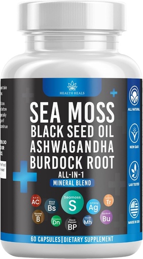 [BRSROHD7OQBBOHTX] Silicon Sea Moss Black Seed Oil Ashwagandha Bladderwrack Burdock - 60 Count
