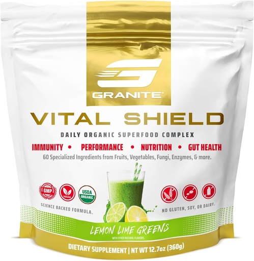 [BRSRAYLRO4MQ2CTJ] Granite Nutrition Vital Shield - USDA Organic Superfood Greens with Mushrooms & Tart Cherry – Supports Energy, Immune Function & Digestive Health – Lemon Lime Flavor (30 Servings)