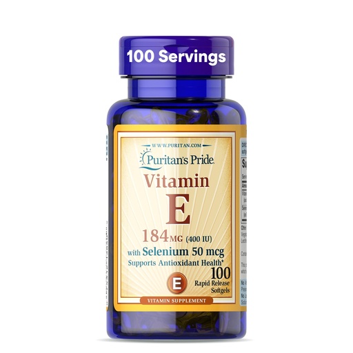 [BRSWIZIAAQAWC23M] Puritan's Pride Vitamin E 184mg (400 IU) with Selenium 50mcg, Vitamin Supplement For Immune System and Antioxidant Health Support, 3 Month Supply, 100 Rapid Release Softgels