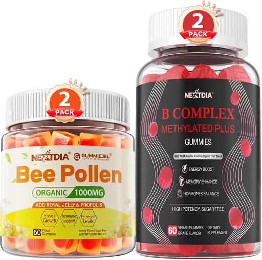 [BRSRAAQCPICQKYD2] Bee Pollen for Breast Growth Organic 1000mg + Vegan Super Methylated B Complex Vitamin Gummies for Women