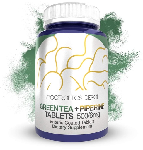 [BRSWY2QOOEFBAADL] Nootropics Depot Green Tea Extract Tablets | 60 Count | 500mg | Minimum 45% EGCG + 6mg Piperine | Enteric Coated