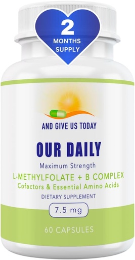 [BRSWGBAECACAICLF] Our Daily Vites L-Methylfolate B Complex Cofactors & Essential Amino Acids (7.5mg) - Active Folate, Methylated B12 Methylcobalamin, B6 and Glycine - 60 Count