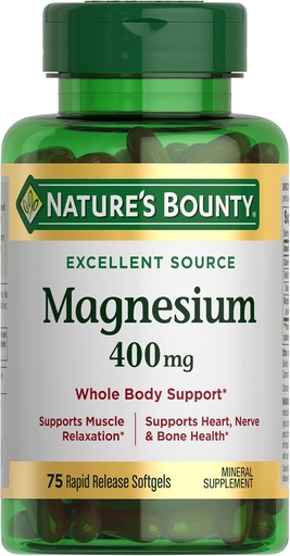 [BRSWK233C4DAY23M] Nature 's Bounty Magnis 400 mg Softgel, viso kūno parama, magnio papildai vyrams ir moterims, širdis, nervas ir kaulų sveikata, 75 Softgels (pakuotė 1)