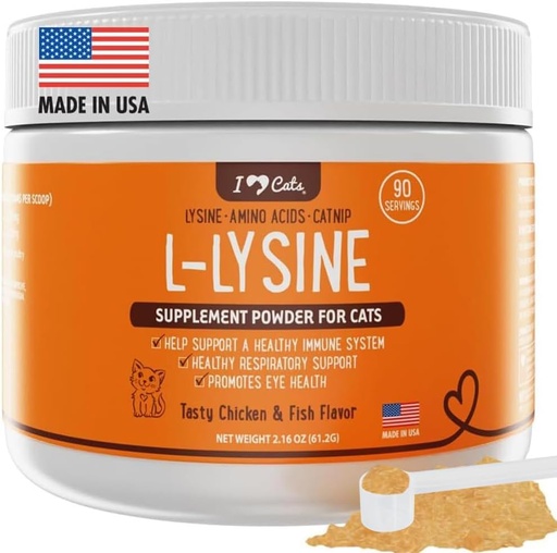 [BRSRMBANCINWYCDO] iHeartCats L-Lysine pour chats - Supplément immunitaire et respiratoire pour chats - Éternuement de chat et soulagement du nez de runny - Poudre de L-Lysine avec Nip de chat - Arôme de poulet et de saumon