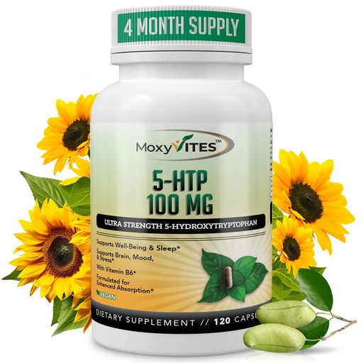 [BRSWGAQOCIGWKH3P] MoxyVites 5HTP 100mg Supplement, Plus B6, 5 HTP Organic Whole Food - Best Serotonin Booster - Non-GMO, 120 Vegan Capsules