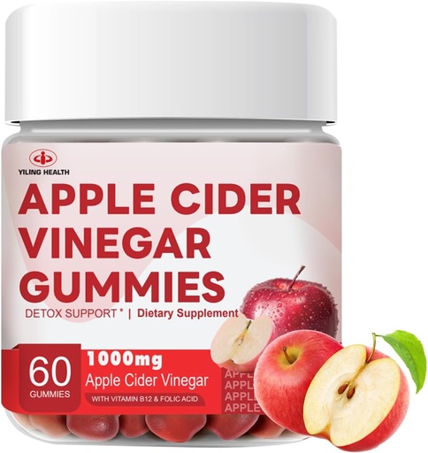[BRSROYAQBYMGEE37] YiLing Improved Sour-Sweet Taste Apple Cider Vinegar Gummies - 1000mg -Formulated to Support Immune Health Normal Energy Levels & Gut Health- Apple Flavor Gummies Enriched B12 / B6 / Beetroot