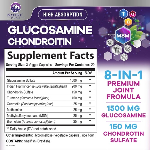 [BRSW2AD7B4NRAHT4] Glucosamine Chondroitin MSM Joint Supplement 2100mg - with Glucosamine Sulfate, Turmeric, Boswellia, Quercetin & Bromelain – Nature's Extra Strength Flexibility, Mobility & Joint Support, 60 Capsules